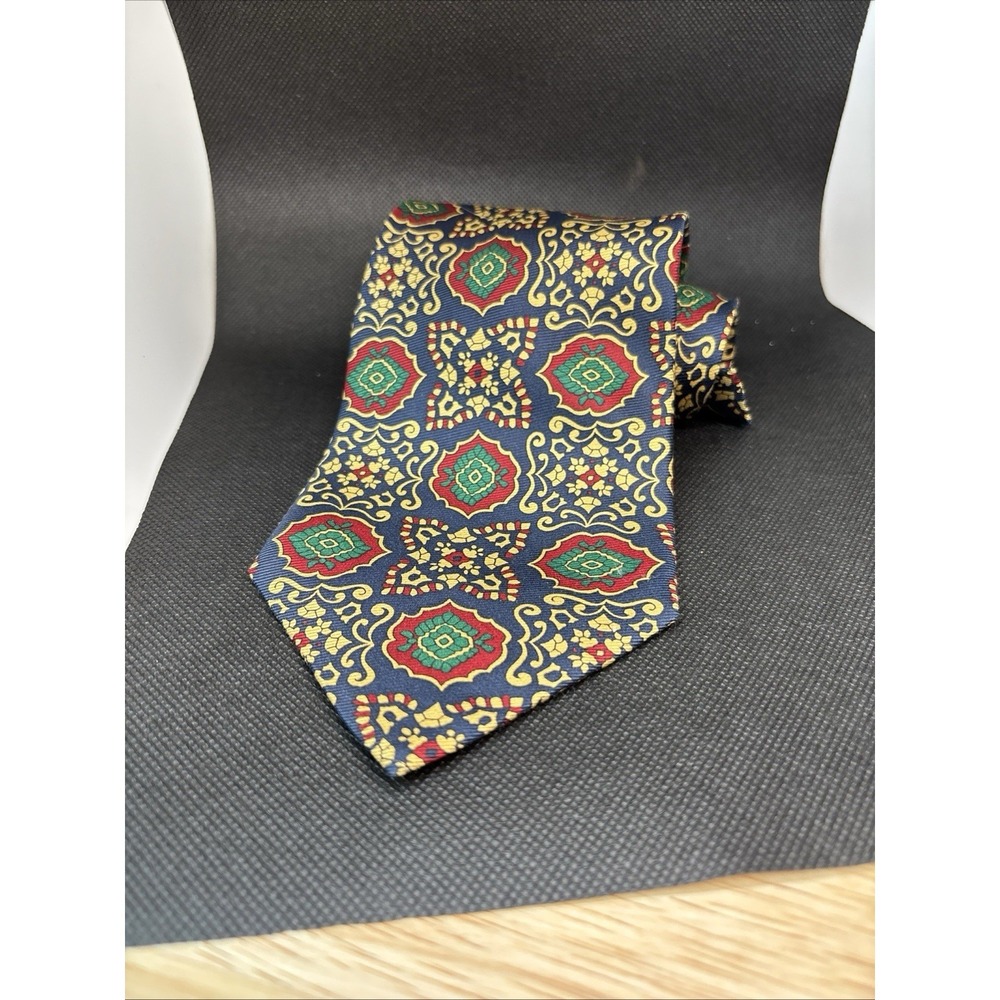 VTG Burberrys of London Silk Neck Tie Geometric Circles Red Navy Gold